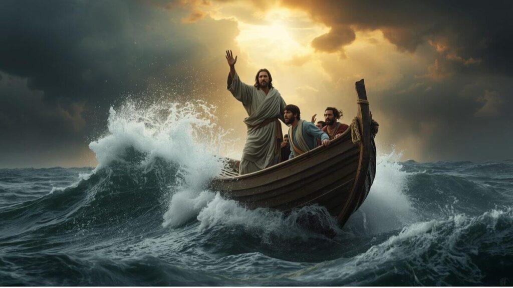 Jesus no barco com os discípulos, levantando a mão para acalmar a tempestade no mar