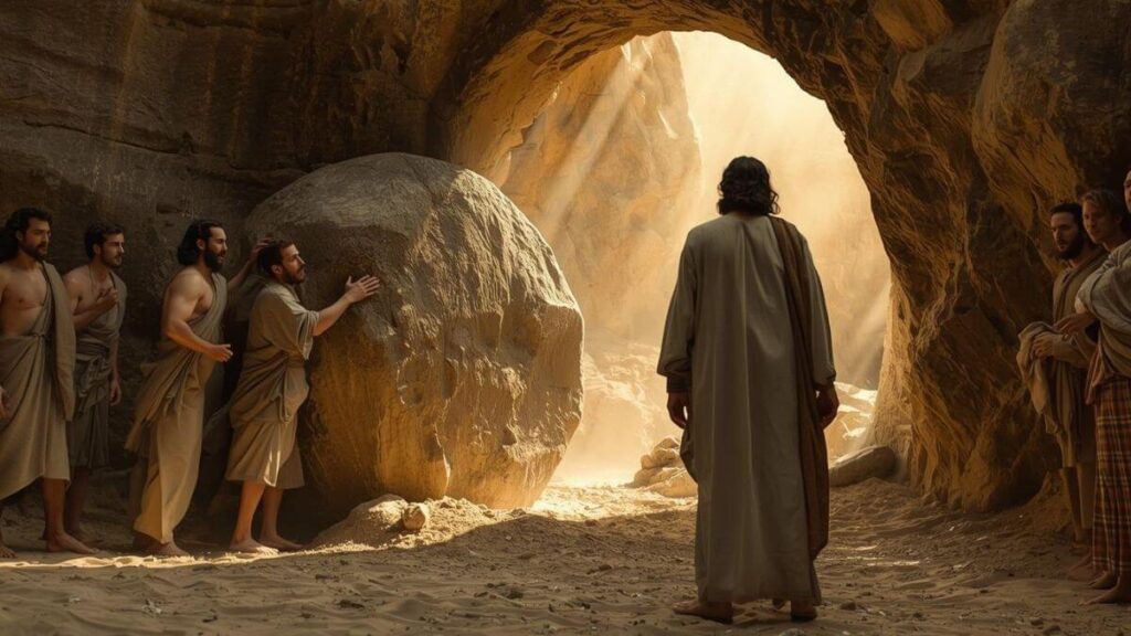 Ressurreição de Lázaro com Jesus diante do túmulo e pedra removida