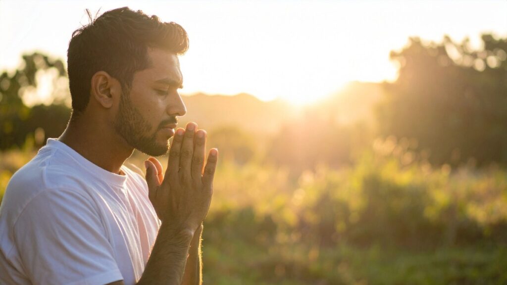 Homem orando com olhos fechados ao pôr do sol simbolizando fé em esboço de pregação 1 Samuel 16