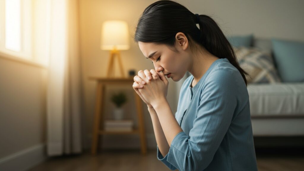 Mulher orando representando Por Esta Causa Me Ponho de Joelhos