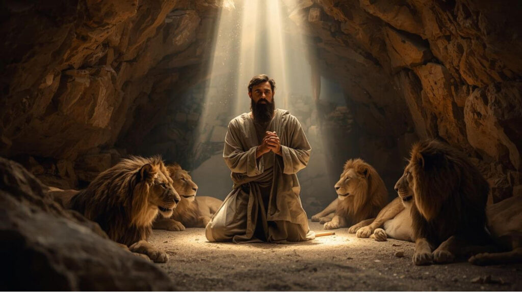 Daniel na cova dos leões confiando em Deus