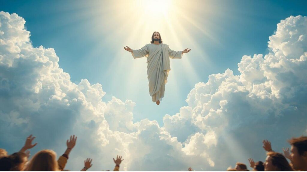 Jesus voltando nas nuvens conforme 1 Tessalonicenses 4 na volta de Cristo