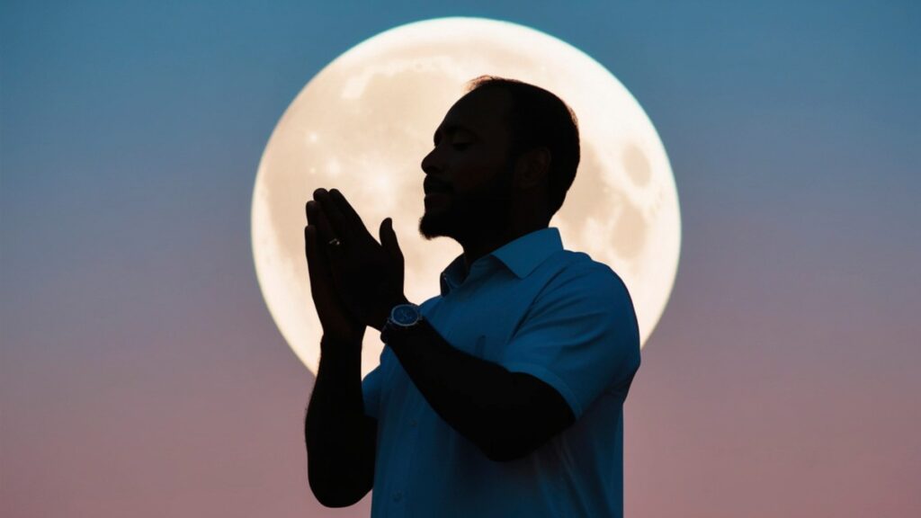 Homem orando diante da lua cheia simbolizando clamor por avivamento em esboço de pregação Habacuque 3:2